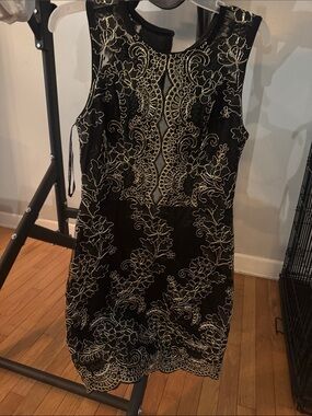 GUESS Black Dress with Gold Embroidered Lace